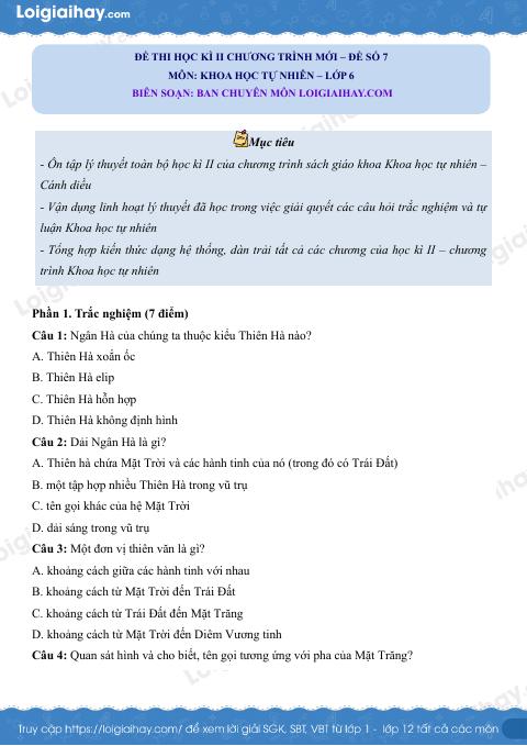 Đề thi học kì 2 KHTN 6 Cánh diều - Đề 7